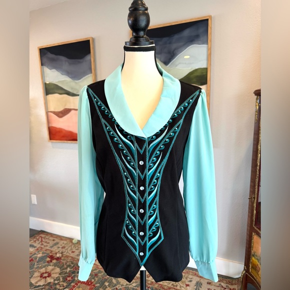 Bob Mackie Wearable Art Black and Blue Embroidered Top - Picture 9 of 11